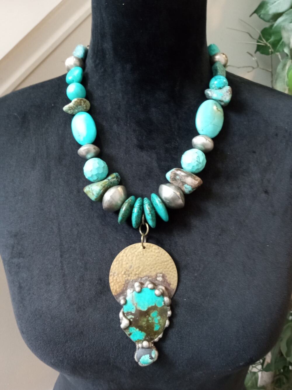 Southwestern Turquoise Nugget Statement Necklace Large Pendant Boho Western